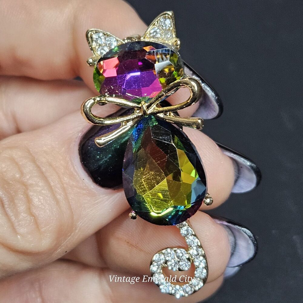 Goldtone Mr. Cat Bow Cyrstal Brooch Rhinestone Tail & Ears Iridescent Kitty Pin - Picture 3 of 13
